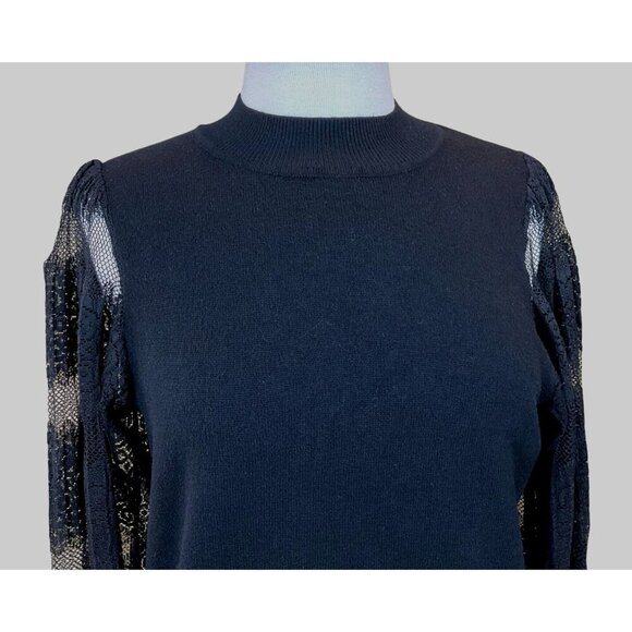 Nanette Lepore Black Sweater Ribbed Neck Cuffs Hem Pleated Lace Long Sleeves M - Picture 2 of 7